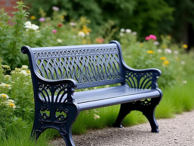 Durable outdoor metal bench with intricate design, set in a garden.