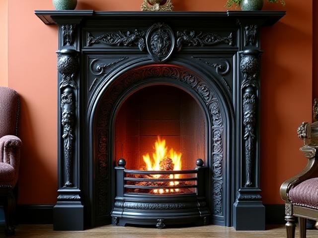 Meticulously restored Victorian-era cast iron fireplace surround.