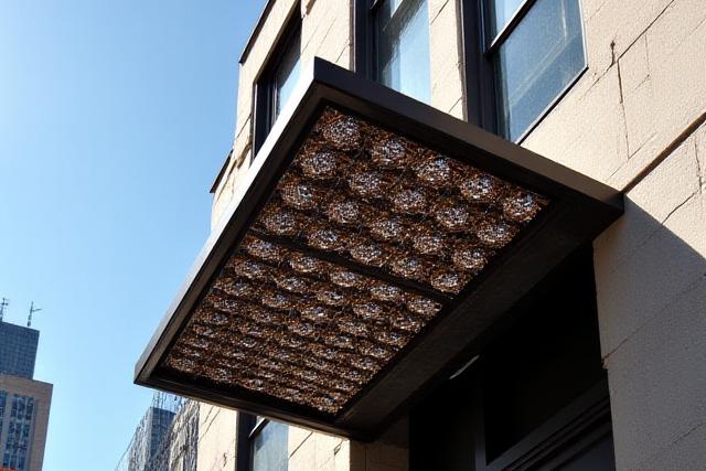 Detailed shot of architectural metalwork on a building facade.