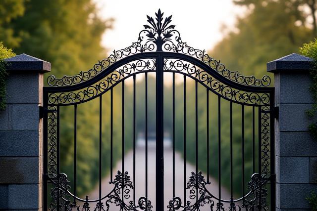Elegant wrought iron gate with intricate scrollwork, set against a blurred garden.
