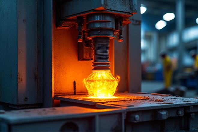 Industrial precision forging machine creating a metal component.