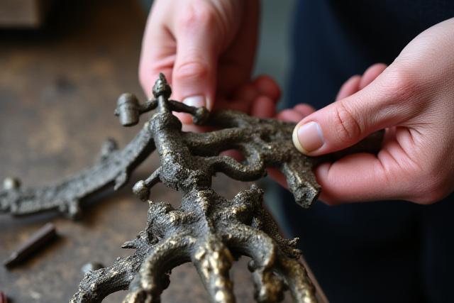 Close-up of a craftsman carefully restoring an old ornate metal piece.